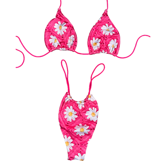 Bright Pink Daisy String Bikini